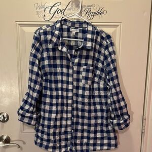 Kim Rogers women’s‎ XL blue and white plaid button down top with silver sparkle